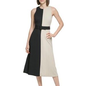 NEW Calvin Klein Women Beige Black Colorblock Dress Sleeveless Size 6 With Belt